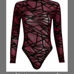 AGYMNX Women's Mesh Bodysuit Long Sleeve Turtleneck See-Though Thong Bodysuit Party Nightclub Print Leotard Going Out Tops Wine Red S