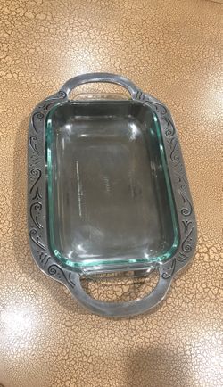 Lenox silver server dish with the Pyrex.