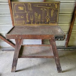 Vintage Wooden Kid's Work bench With Pegboard Back Vise