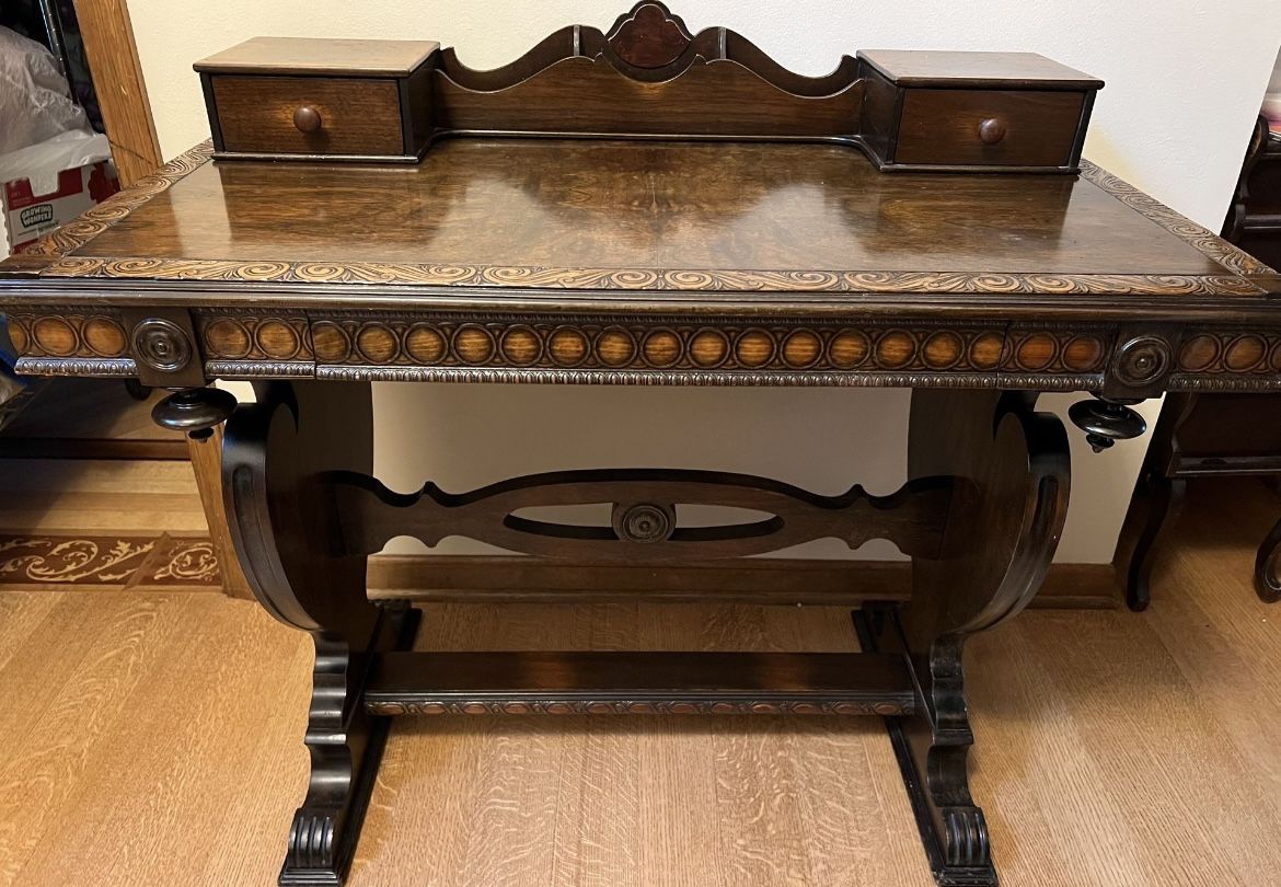 Antique American Renaissance Revival heavily carved desk with drawer & matching bench wooden vintage