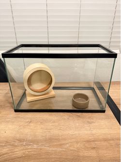Small Glass Pet Terrarium with Wooden Exercise Wheel and Food Dish
