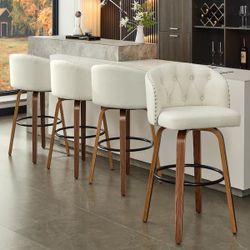 Set of 4, 25.5 in. Off-White Faux Leather Upholstered Wood Frame Swivel Counter Height Bar Stool