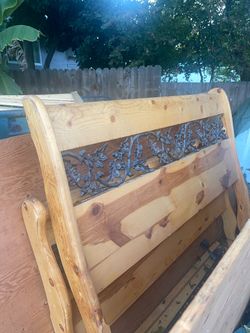 Wood Sleigh Bed Frame with Metal Floral Leaf Detail