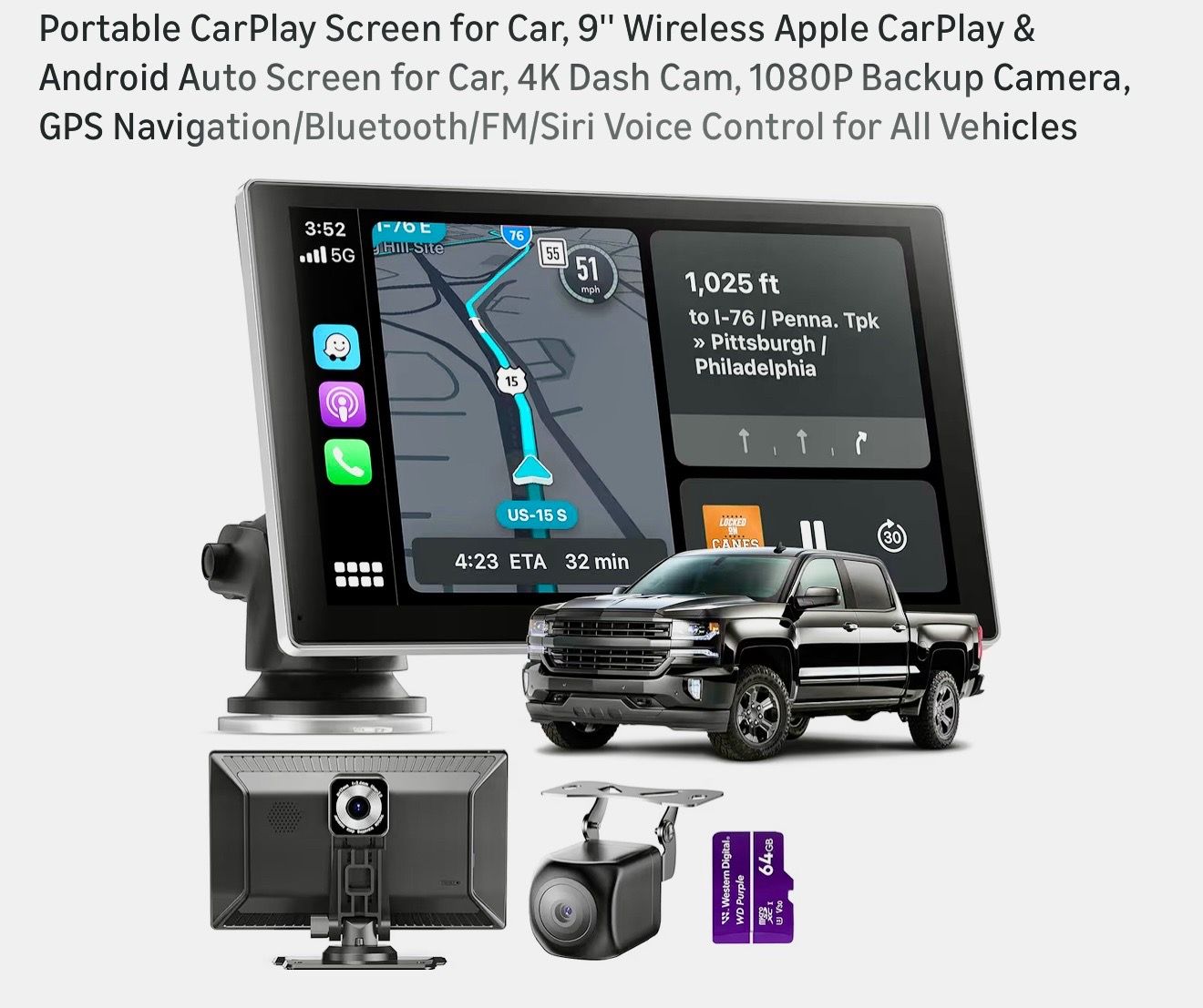 Portable Wireless CarPlay Android Auto Screen with Dash Cam Backup Camera