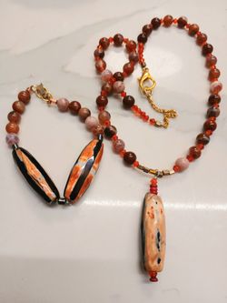 BRIGHT ORANGE AGATE CARNELIAN JEWELRY SET HANDNADE BRACELET, NECKLACE