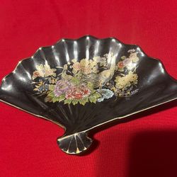 Vintage Fan  trinket Dish, Japanese Black Porcelain Plate gold trim 7"x3.5"
