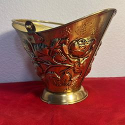 Vintage Brass bucket With Rose Vine / Black Accent 