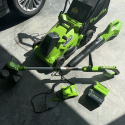 Greenworks Electric Mower, Trimmer, & Blower with 2 Batteries and Charger