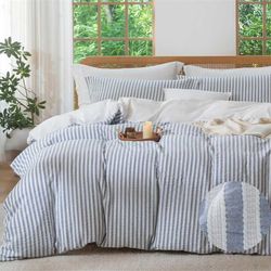 Stripe Duvet Cover - 100% Washed Cotton Blue Boho Textured Comforter Cover Set with Zipper