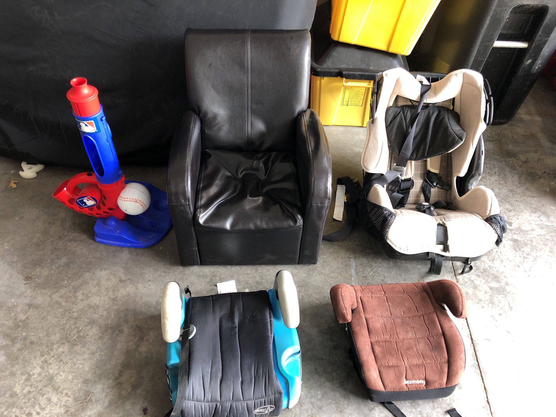 Free- two booster seats, a small child’s chair with a rip, tee for tee all, car seat