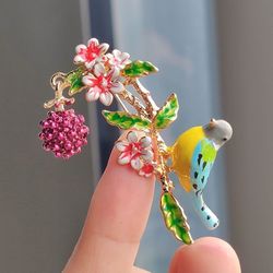 Enamel Brooch – Bird Reaching for Berry on Floral Branch – Nature-Inspired Pin new