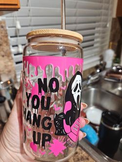 Ghost Face Glass Cup with Bamboo Lid and Straw