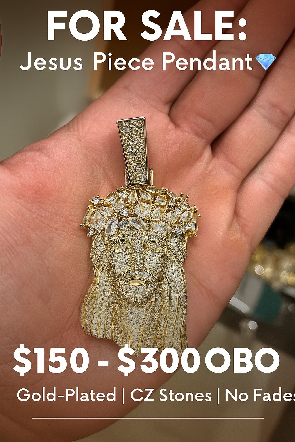 Gold-Plated Jesus Piece Pendant (CZ Stones)