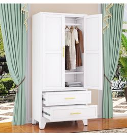 Metal Wardrobe Cabinet with Hanging Rod, Clothing Storage Cabinets