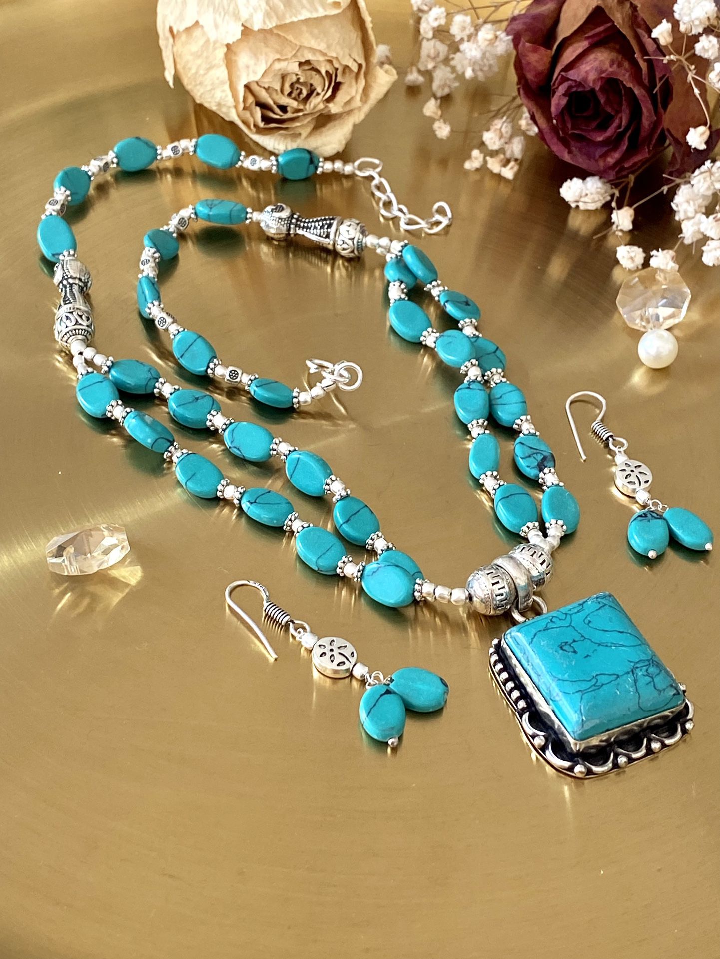 Turquoise Double Stranded Necklace And Earring 925 Sterling Silver Overlay Set