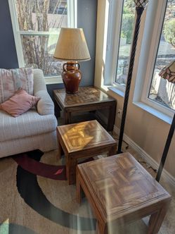 Vintage Solid Oak Parquet Table Set (3 Tables) & Matching Ceramic Lamp Bundle