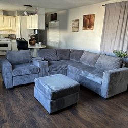 4-Piece Sectional Set W/ Ottoman
Reversible Loveseat + Reversible Loveseat W/USB Console & Cup Holders + Corner Wedge + Cocktail Ottoman

Color: Dark 