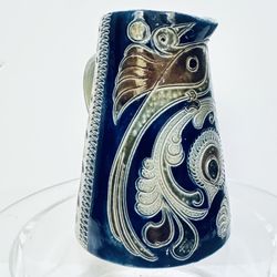 HANDARBEIT Pottery Salt Glazed Pitcher/ Creamer, Blue, Brown, Bird Artist Signed