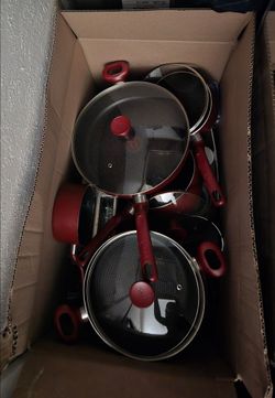 Box of barely used tfal non-stick pots/pans + toaster + waffle maker + tv + more (see description)