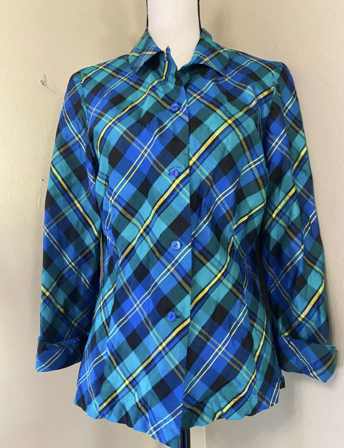 Dana Buchman Green Blue Plaid Silk Button Down Shirt Blouse 3/4 Sleeve Womens 12