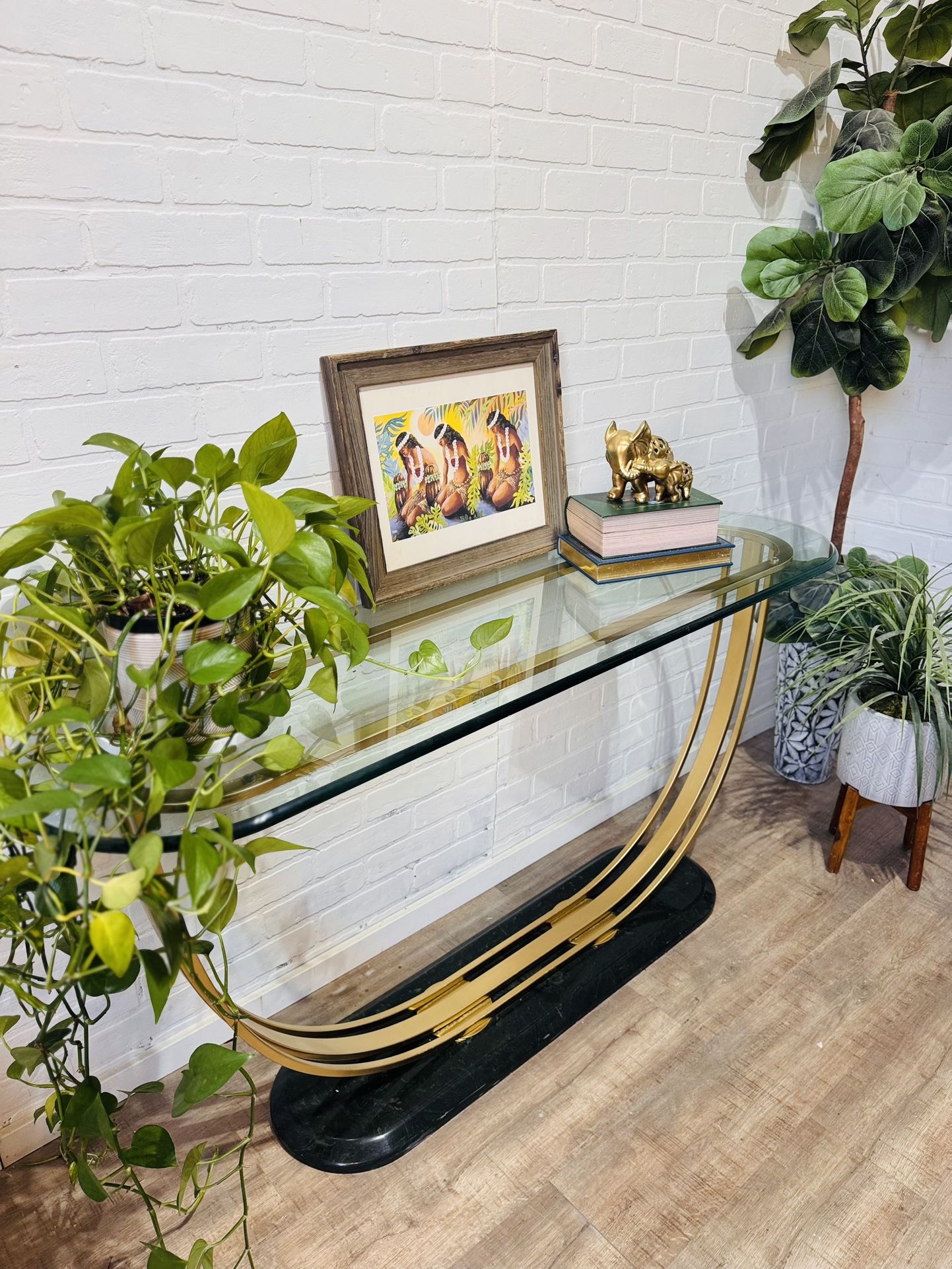 Vintage Art Deco /MCM  Brass Arched Oval Glass Side Table with Marble Base