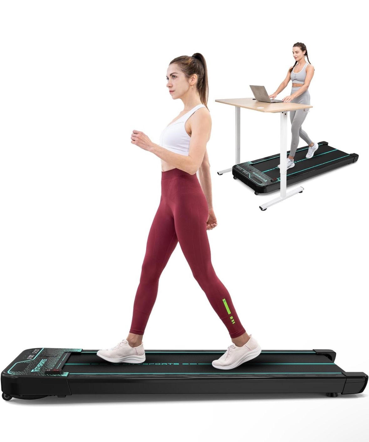 Treadmills for Home, Under Desk Treadmill Walking Pad with Audio Speakers, Slim & Portable Remote Dual LED Display, Office Home (Black and Green)