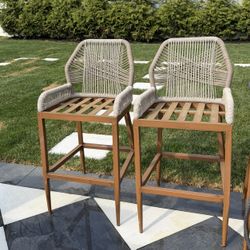 Set Of 2 Modern Aluminum Twill Wicker Woven Bar Height Outdoor Bar Stool with Back and Sunbrella Khaki Cushion 
