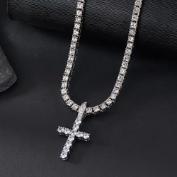  Sliver Tennis Diamond 20in cross pendant necklace suitable for parties