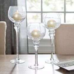 Set of 3 Crackle Clear Glass Candle Holders -  12 Sets Available 