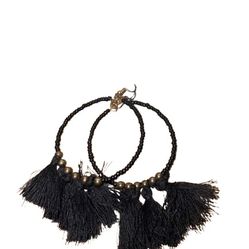 Black and gold tassel hoop earrings 