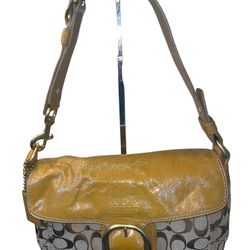 Coach Bleecker Khaki Signature & Tan Patent Leather Shoulder Bag