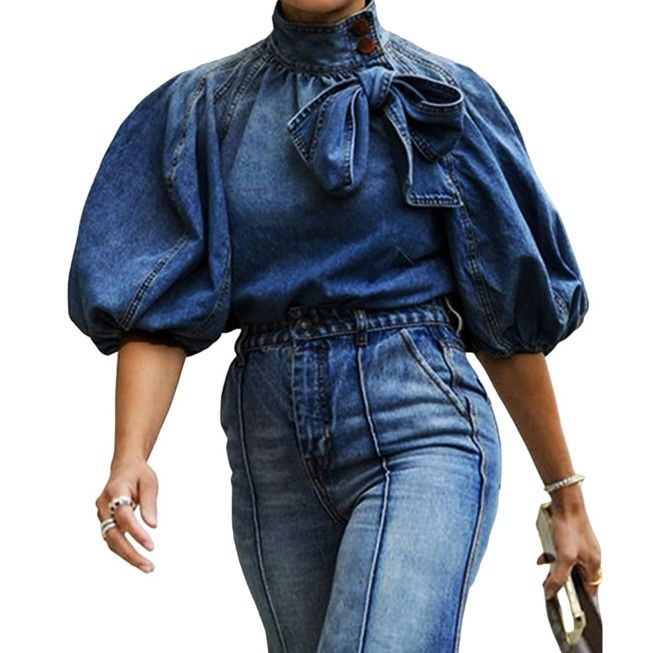 Denim Pullover Button Up High Neck Jacket