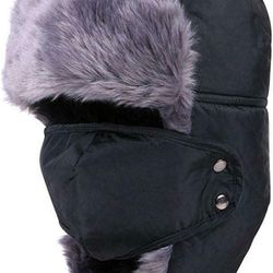 Winter Outdoor Trapper Hat Ski Hat Earflap with Mask for Men Women Black