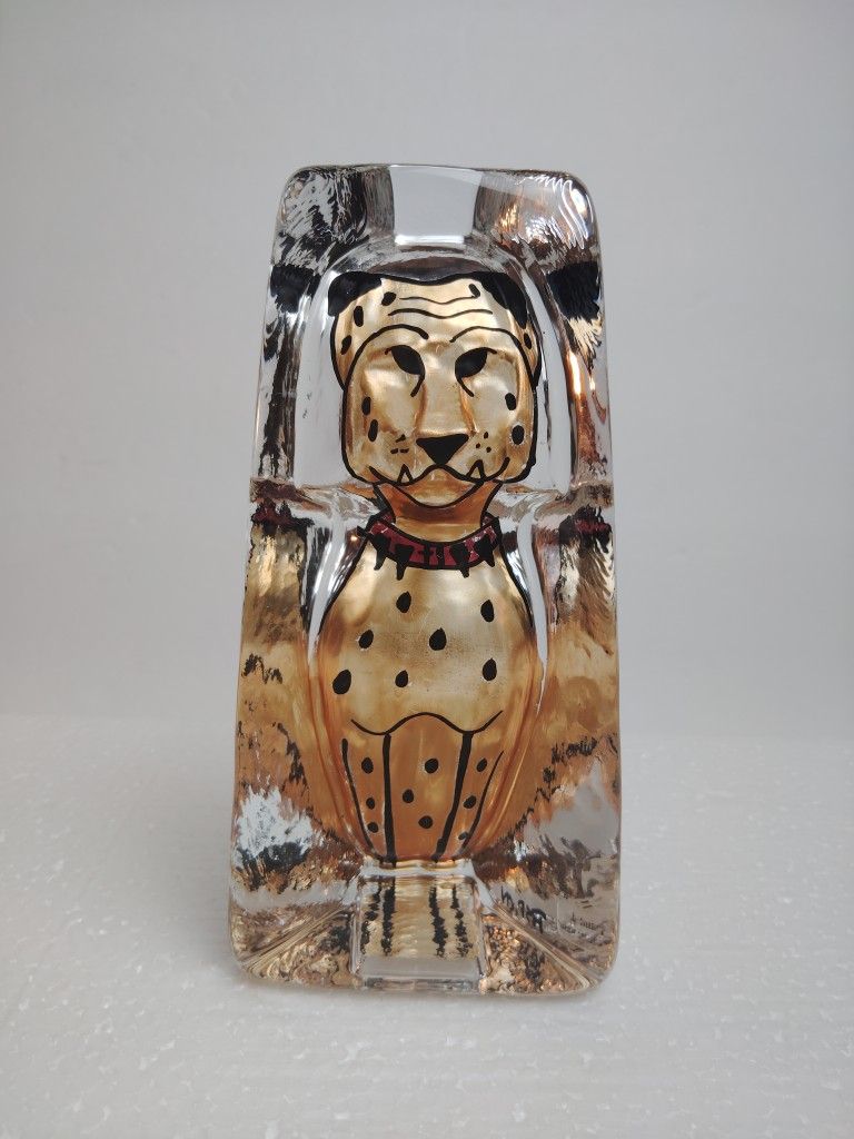 Kosta Sweden Sea Glass Bruk Reverse Hand Painted Leopard 6" Sculpture