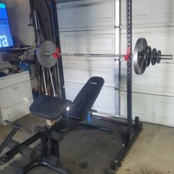 Olympic Squat Rack With Pull up Bar, Adjustable Bench, Weights &Bar 170lbs all together read Description Below 