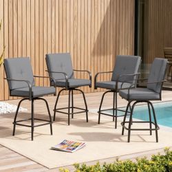 NEW Patio Swivel Bar Stools, Outdoor Bar Height Swivel Chairs Set of 4(Cushion & All Weather) GREY