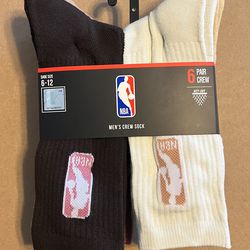 NBA Logo Basketball Men Crew Socks 6 Pairs- Brown/Tan/Beige-Shoe Size 6-12 - NEW