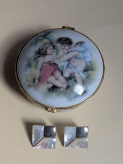 Porcelain Cherub Trinket Box with Gold Frame and silver earrings with mother of pearl inlays 🎁