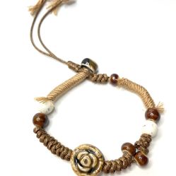 Brown  fringe Bracelet beaded Tan white ceramic rose light shag look