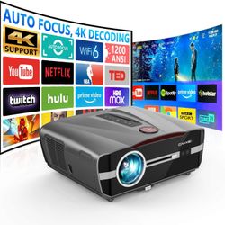 4K Projector Auto Focus HDR WiFi 6, Smart Daylight Projector 4K High Lumen 1200 ANSI LED 1080P Ultra HD Ceiling Mounted Home Theater Movie Gaming Indo