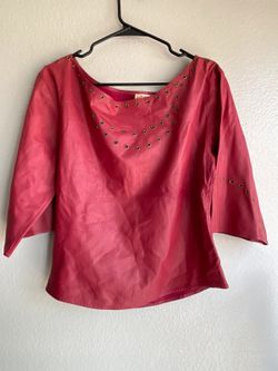Nina Bobby Red raspberry Leather Top scoop neckline grommet brass studded Women’