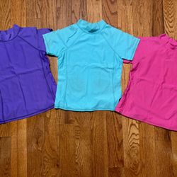 3Pcs Girls Lands End Mock Neck Swim Pool Rash Guard Shirts Size Small 7/8