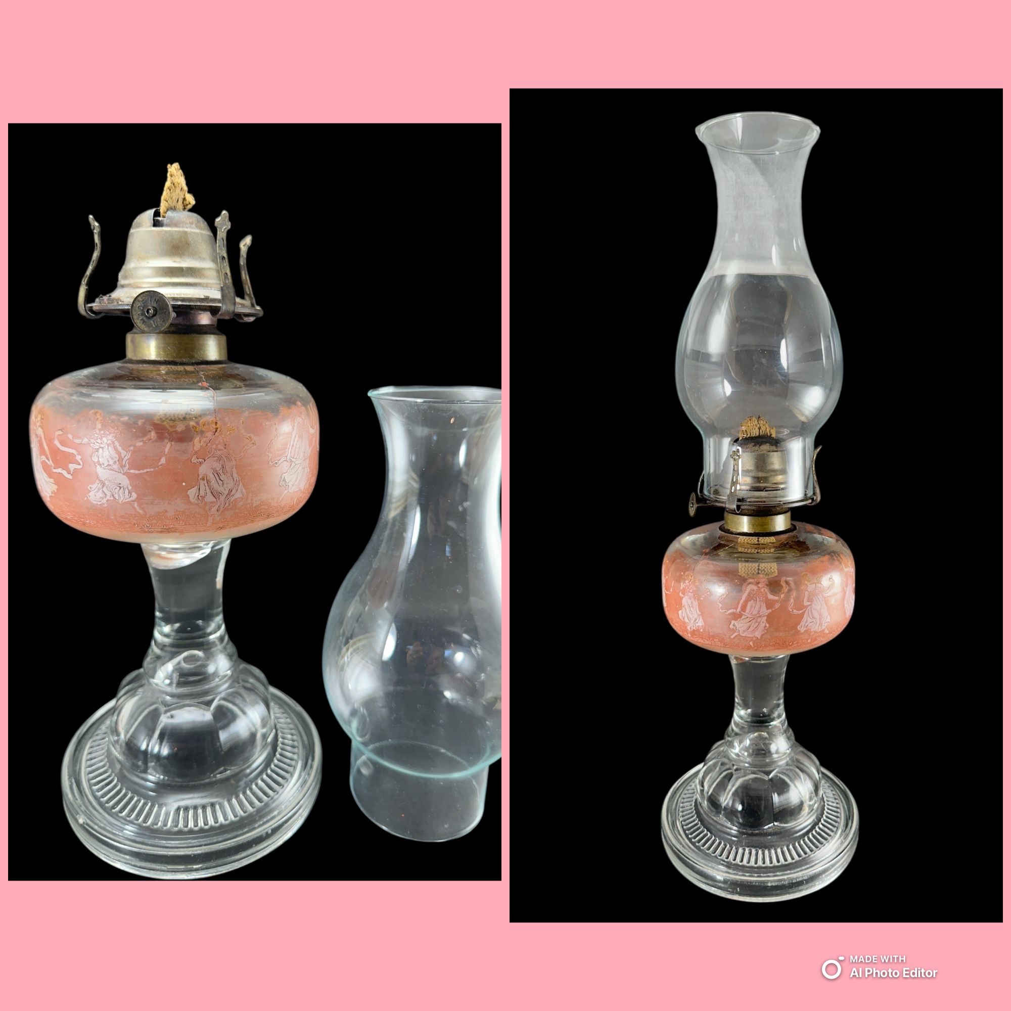 Unique VTG WHITE FLAME LIGHT Co. OIL LAMP Adorned With Roman-Greco Dancing Ladies