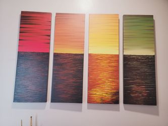 Abstract Sunset Seascape Triptych Canvas Painting Set 36x12 Inches Unframed