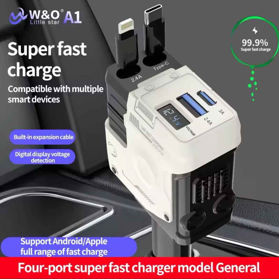 100W Car Charger Car Super Fast Charge Flash Charging, Telescopic Cable Four-in-one Point Smoker Car Charging