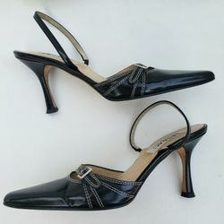 WOMEN'S BLACK PUMPS 3"Heels ISAAC MIZRAHI WHITE STITCHING POINTY TOE Sise 6B.