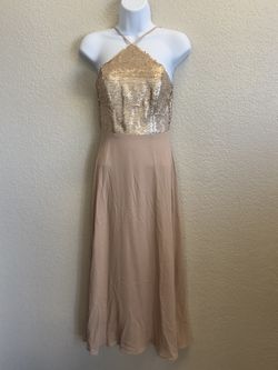 Lulus Rose Gold Sequin Halter Top Dress With Blush Maxi Skit