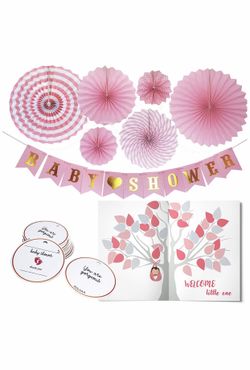 Baby Shower Decorations for Girl - Set Includes Baby Shower Bunting Banner, 6 pcs Paper Flower Fans, 25 pieces Personalized Favor Thank You Tags, Gue