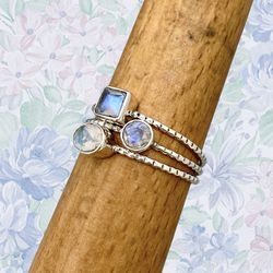 Rainbow Moonstone & Solid Sterling Silver Stacker Ring Trio - Sz 9