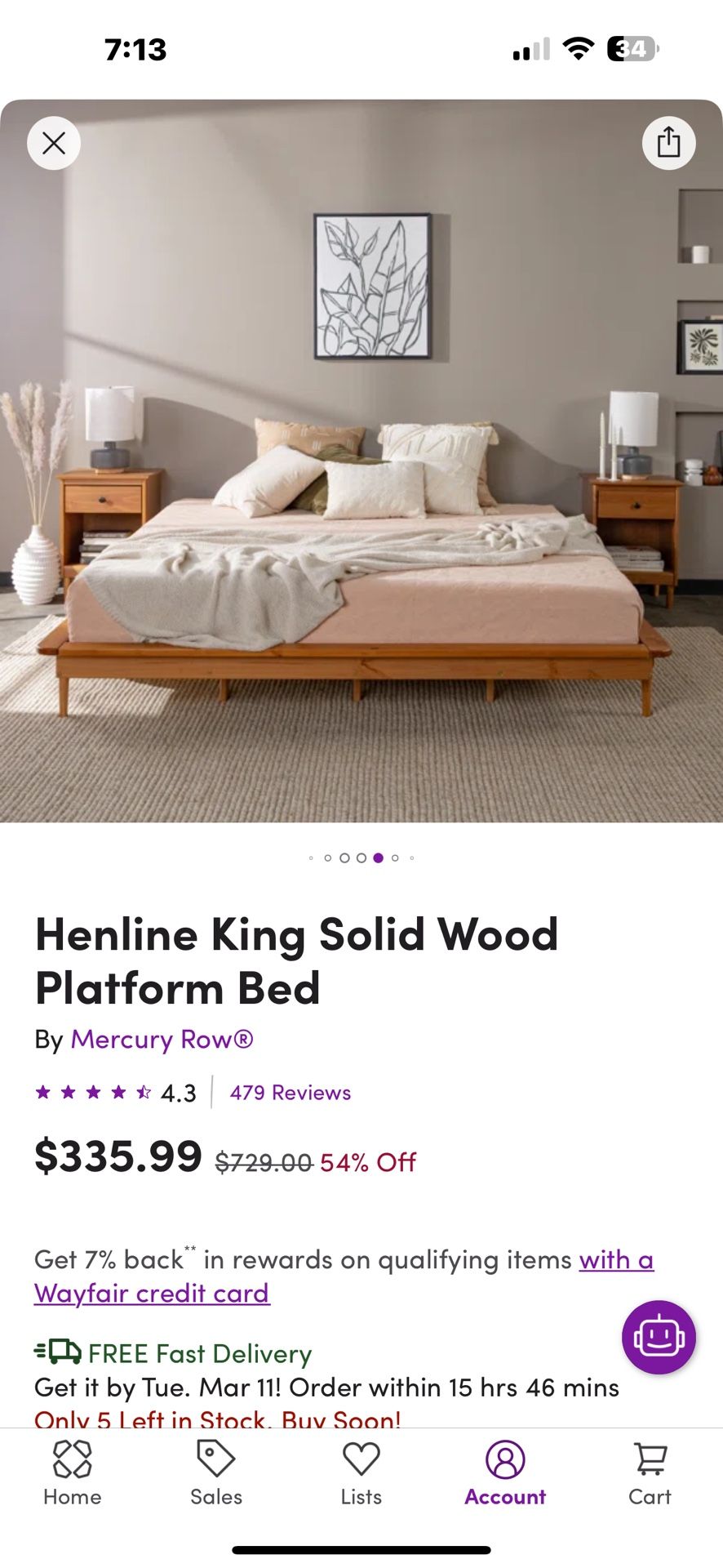King Platform Mid Century Style Bed